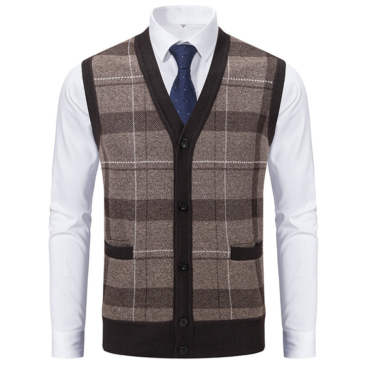 Herren Ärmellose Strickweste mit Rauten‑Muster, V‑Ausschnitt und Knopfleiste Drune