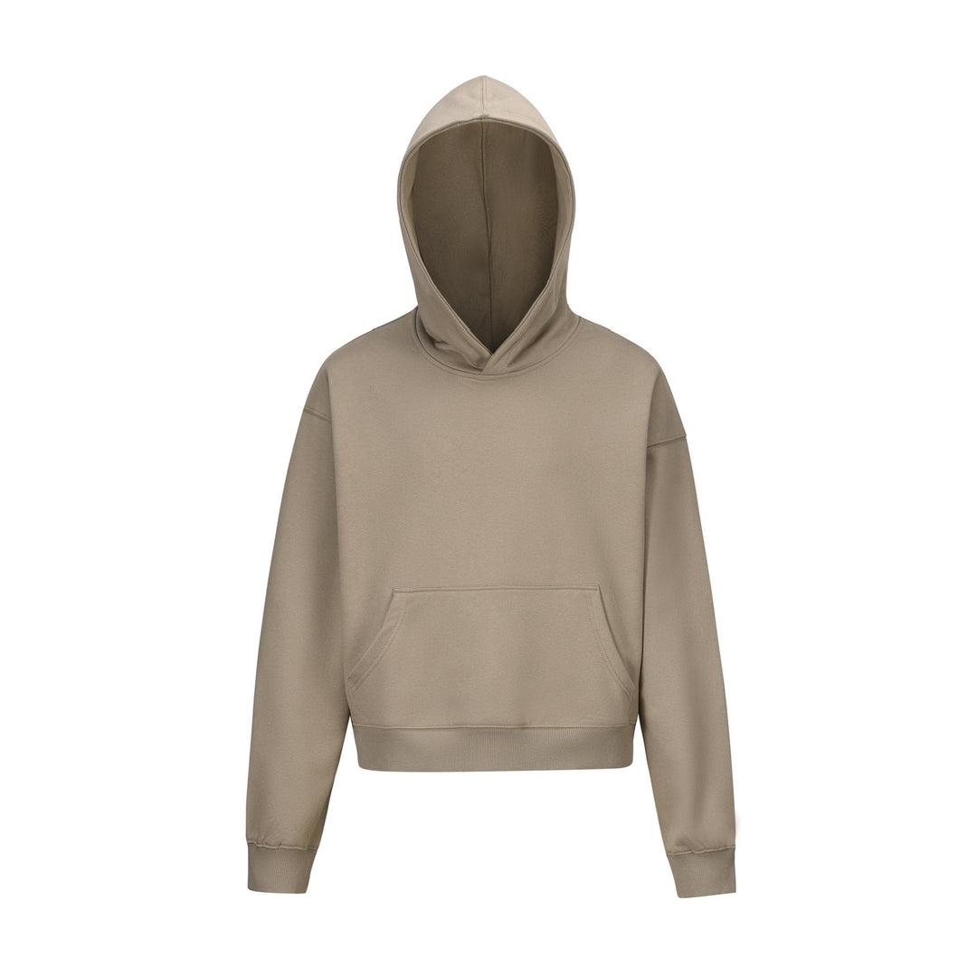Damen nan kurzgeschnittener Boxy-Kapuzenpullover mit Kängurutasche und geripptem Komfortbund Drune