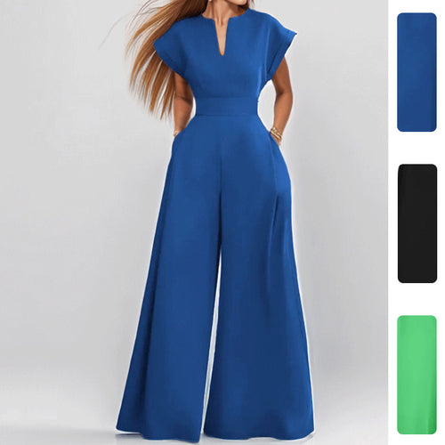 Damen Elegante weite Jumpsuit mit kurzen Ärmeln und tiefem Ausschnitt Drune