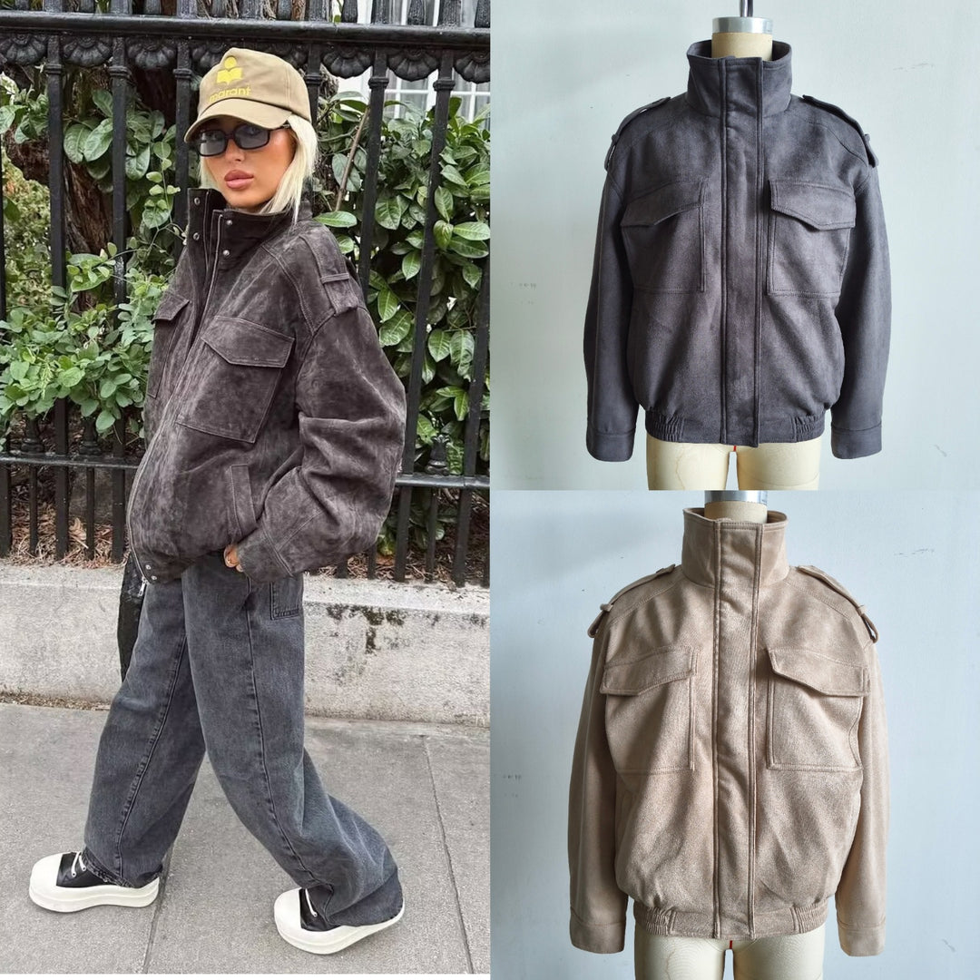 Herren Fieldjacke im utilitaristischen Stil mit Stehkragen, Schulterklappen und aufgesetzten Pattentaschen Drune