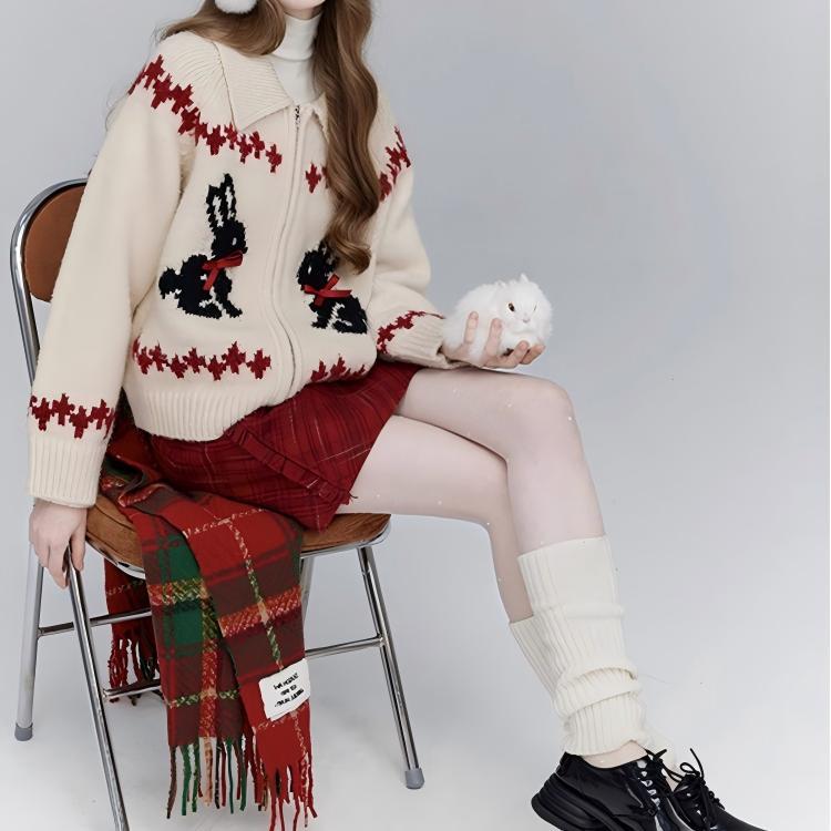 Damen Strickjacke mit tierischem Motiv und dekorativen Schleifen Drune