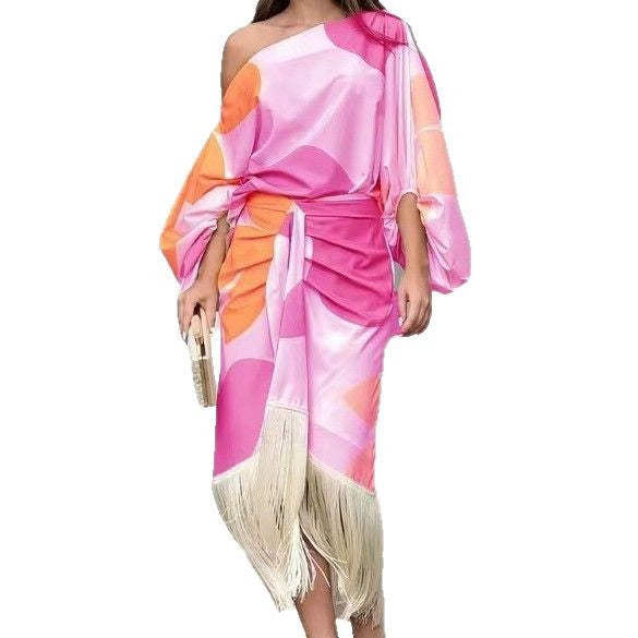 Damen nan asymmetrisches drapiertes Midikleid mit einseitiger Schulterpartie, voluminösem Ärmelschnitt und Fransen-Saum Drune