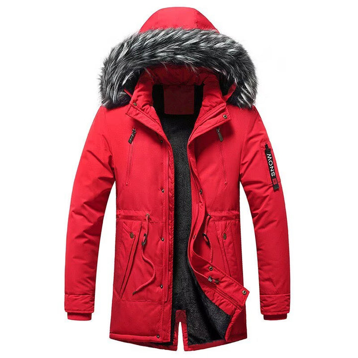 Herren Winterparka mit Kunstfellkapuze, gefütterter Thermo-Mantel mit Kordelzug Drune