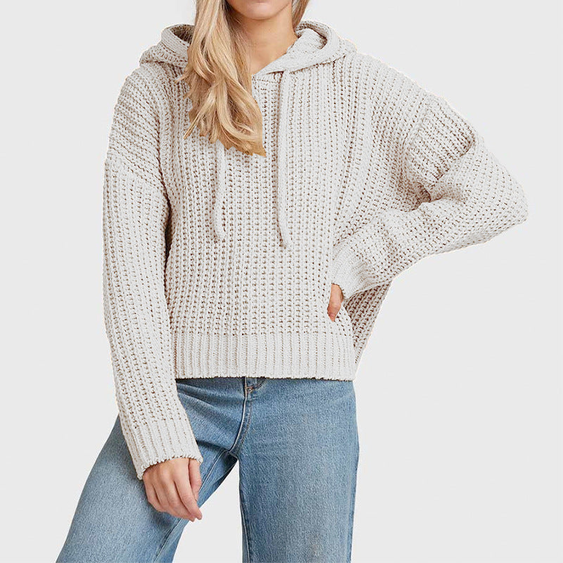 Damen Grobstrick-Kapuzenpullover mit Waffelstruktur, überschnittener Schulter und kurzem Saum Drune