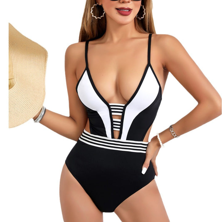 Damen Sportlicher Einteiler Badeanzug mit tiefem V-Ausschnitt und seitlichen Cut-Outs Drune