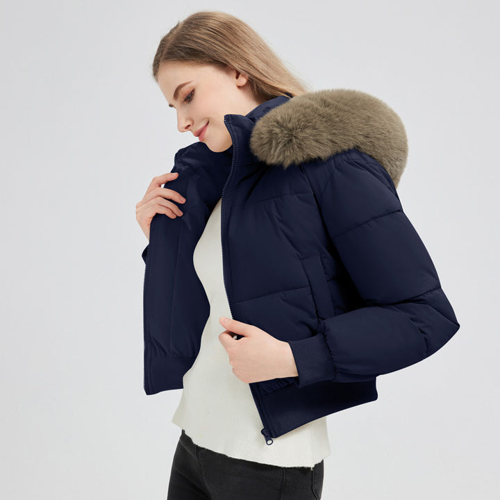 Damen nan kurzer gesteppter Kapuzenblouson mit Webpelzblende und geripptem Saum Drune