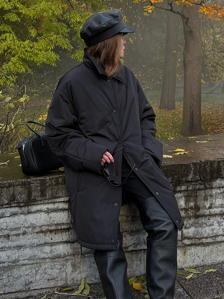 Damen Übergangs-Wintermantel mit minimalistischer Steppung, hochschließendem Kragen und Druckknopfverschluss Drune