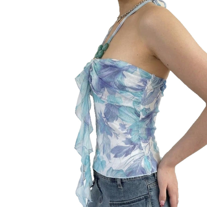 Damen Spaghetti-Trägertop mit floralen Einsätzen und transparenten Rüschen Drune