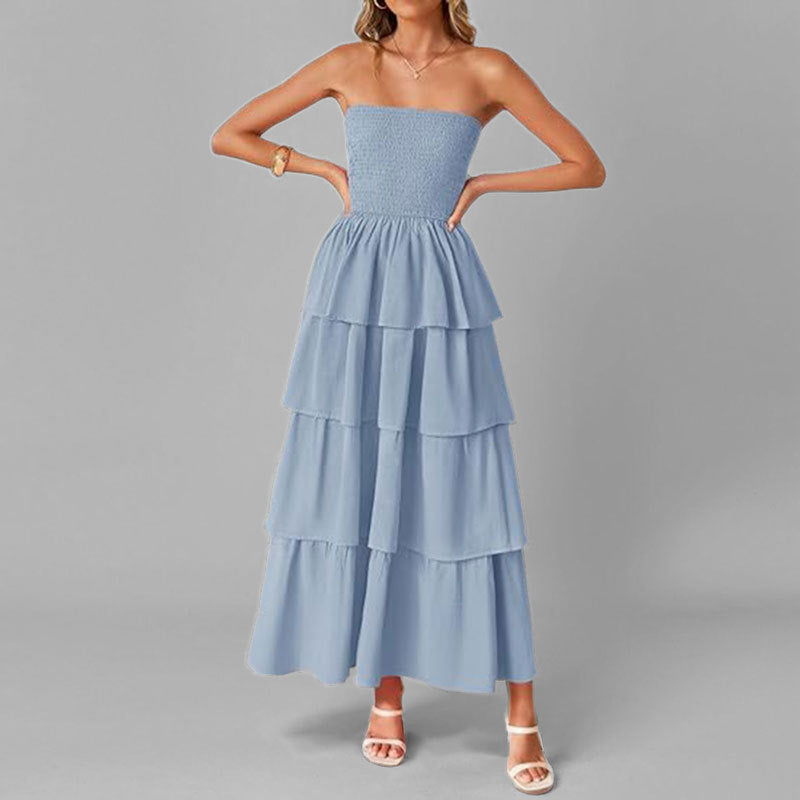 Damen Maxikleid mit schulterfreiem Design und voluminösem Stufenrock Drune