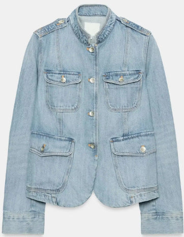 Damen Jeansjacke im Utility-Look mit Stehkragen, Pattentaschen und Schulterpatten Drune