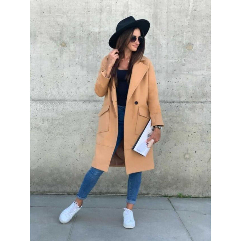 Damen Modischer Longblazer mit tiefem Revers und praktischen Taschen Drune