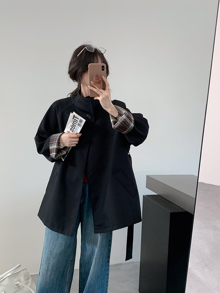 Damen Kurzjacke im Parka‑Stil mit Taillengürtel und kariertem Ärmelfutter Drune