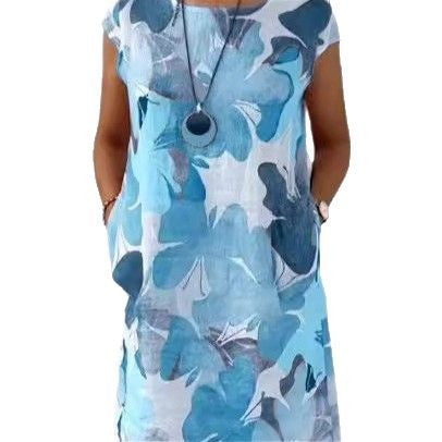 Damen nan luftiges Tunika-Midikleid aus Leinenmix mit Aquarellblütenprint und Seitentaschen Drune