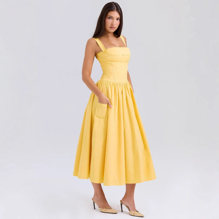 Damen Midikleid im klassischen Karomuster mit elastischem Oberteil und praktischen Taschen Drune