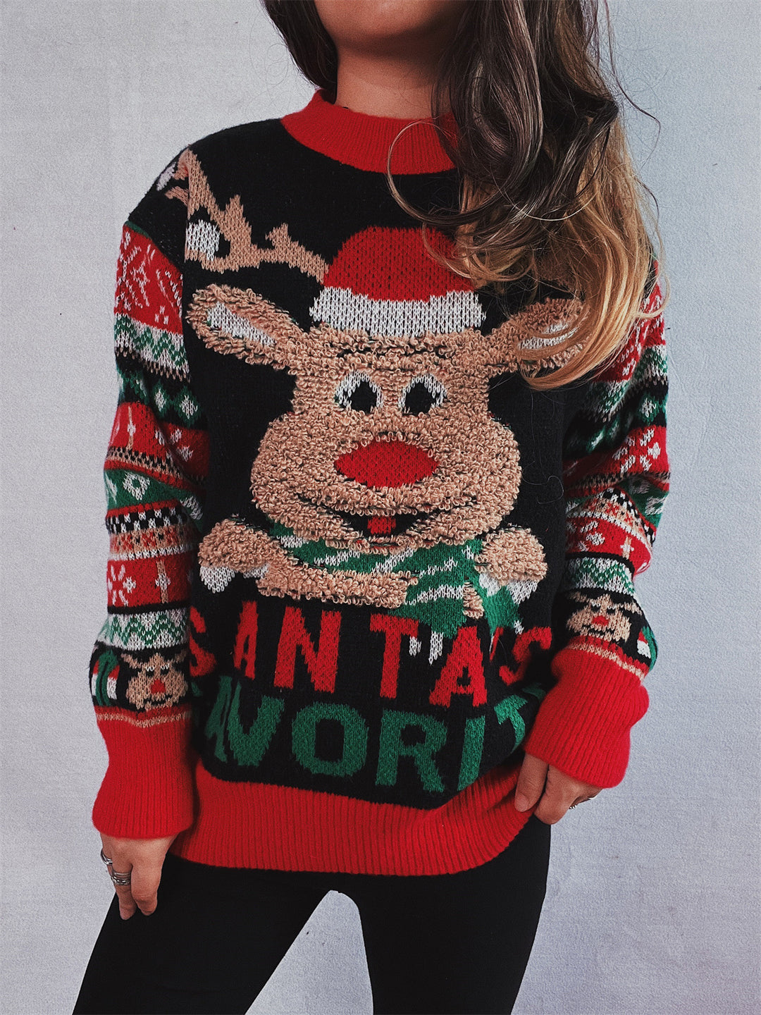 Damen Weihnachts-Pullover mit festlichem Rentier-Motiv und bunten Mustern Drune