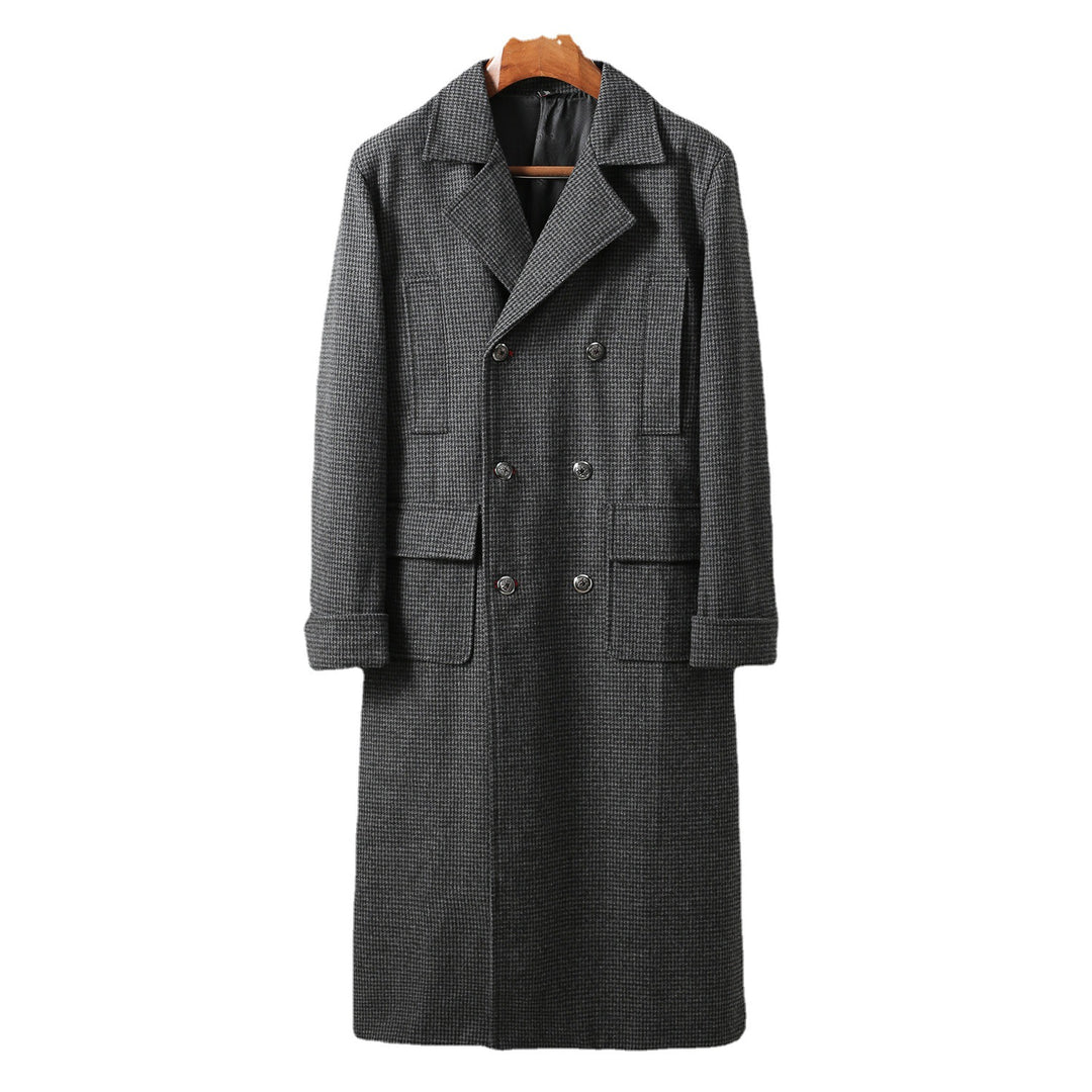 Herren Eleganter lang geschnittener Wollmantel mit Doppelreihe und Pattentaschen Drune