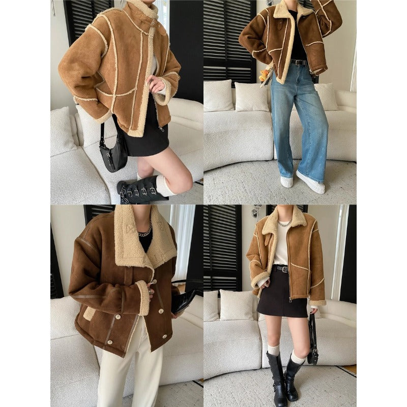 Damen lässige Kunstlederjacke mit samtigem Futter und Kontrastnähten Drune