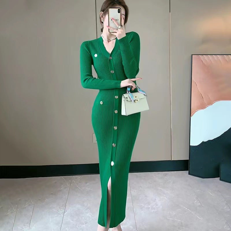 Damen Midi-Strickkleid mit Knopfdetails und seitlichem Schlitz Drune