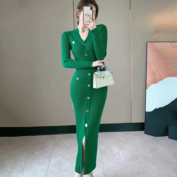 Damen Midi-Strickkleid mit Knopfdetails und seitlichem Schlitz Drune