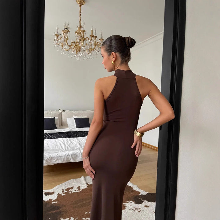 Damen Maxikleid mit elegantem Stehkragen und figurformendem Schnitt Drune