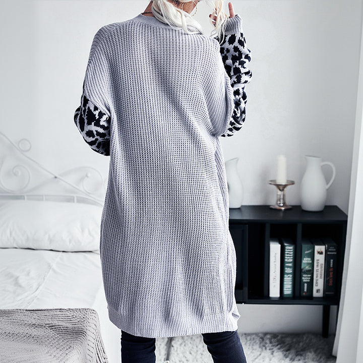 Damen Langer Offener Strickcardigan mit Leopardenmusterärmeln und geripptem Saum Drune
