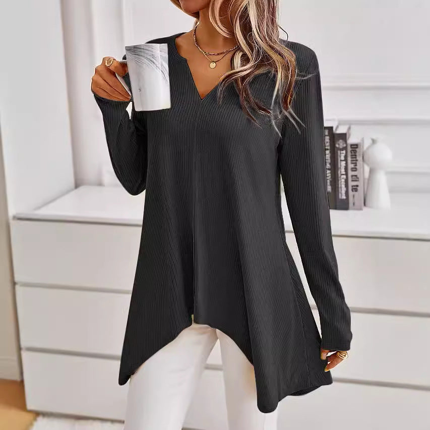 Damen Ripp Longsleeve Tunika mit V-Ausschnitt und asymmetrischem Haifischsaum Drune