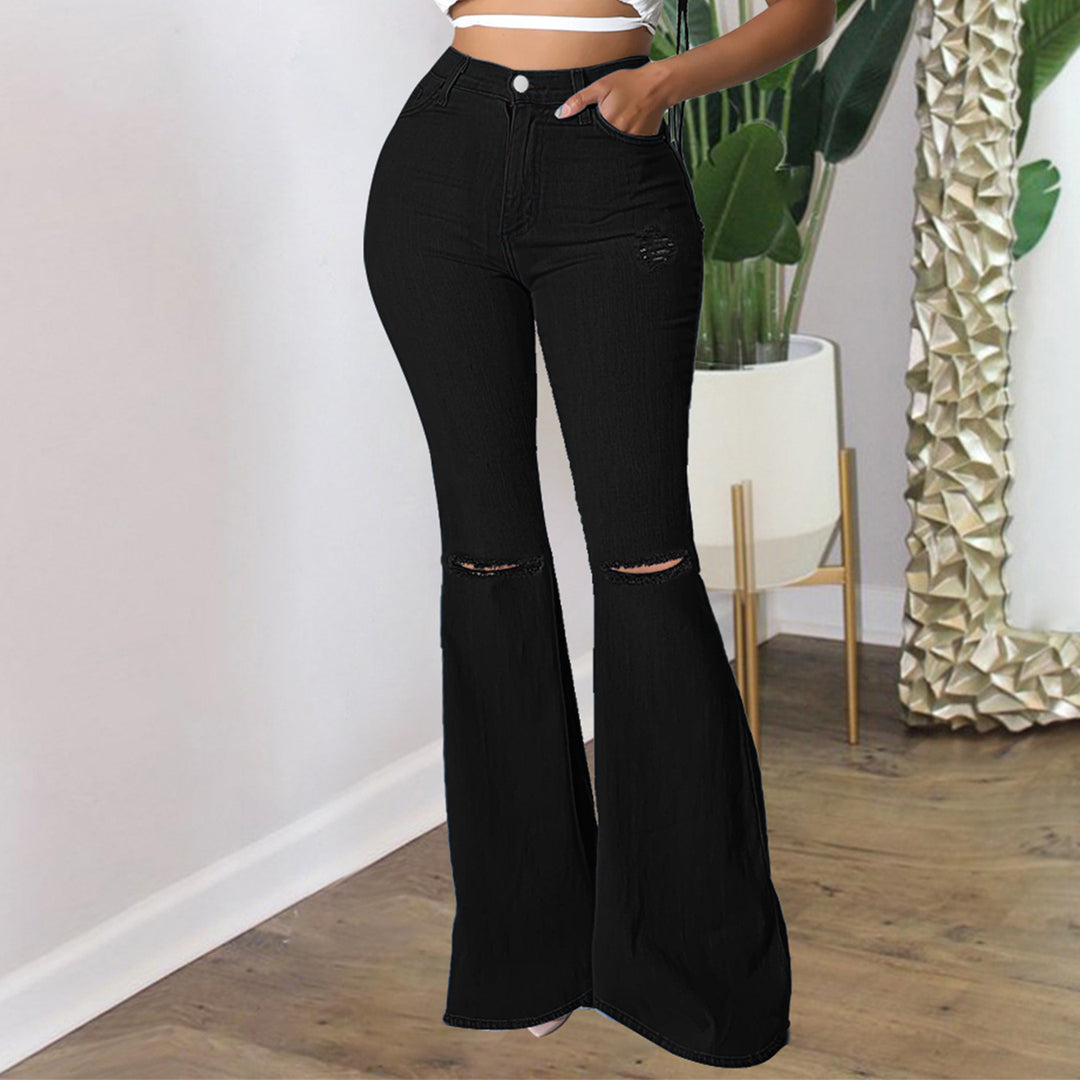 Damen Hochtaillierte Schlaghose aus Stretch‑Denim mit Knieausrissen und formendem Bund Drune