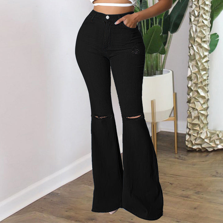 Damen Hochtaillierte Schlaghose aus Stretch‑Denim mit Knieausrissen und formendem Bund Drune