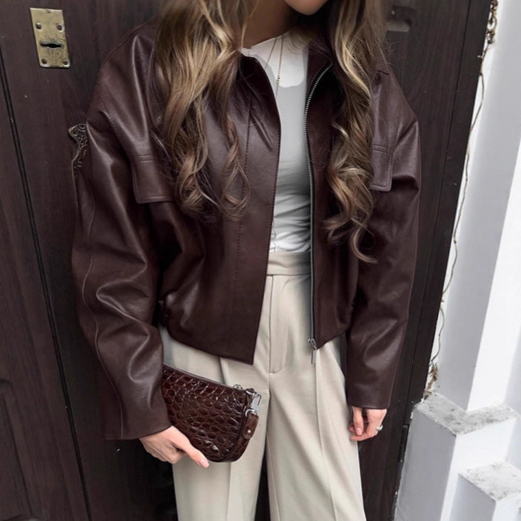 Damen cropped Lederjacke mit robustem Kragen und praktischen Taschen Drune
