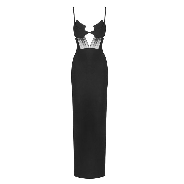 Damen elegantes Cut-Out Maxikleid mit tiefem V-Ausschnitt und transparenten Akzenten Drune
