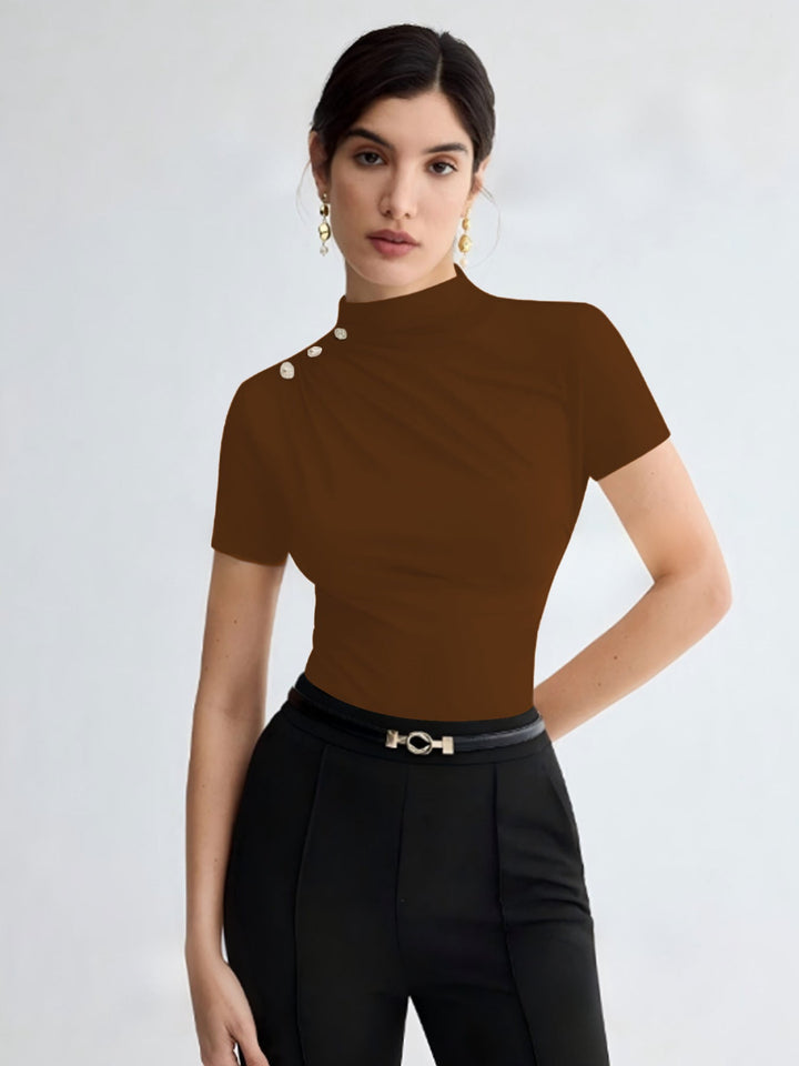 Damen elegantes Oberteil mit dekorativen Knopfdetails und modernem Stehkragen Drune