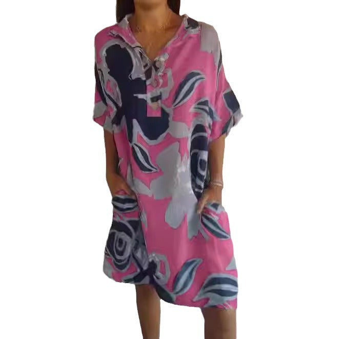 Damen luftiges Strandkleid mit modischem Muster und seitlichen Taschen Drune