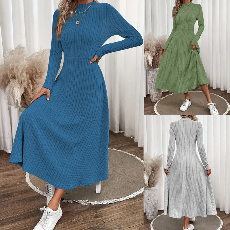 Damen Geripptes Strickmidikleid mit hohem Stehkragen und taillierter A-Linie Drune
