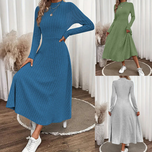 Damen Geripptes Strickmidikleid mit hohem Stehkragen und taillierter A-Linie Drune