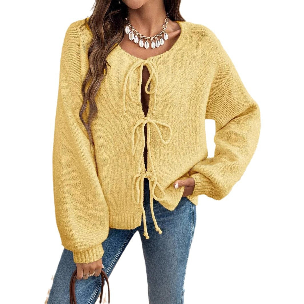 Damen lässiger Strickcardigan mit Bindebändern Drune