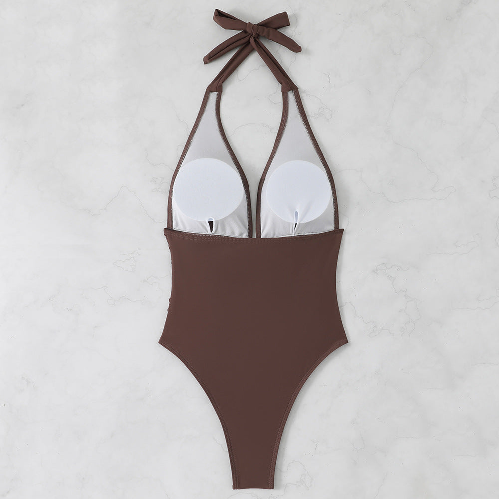Damen Hoch geschnittener Badeanzug mit elegantem V-Ausschnitt und verspieltem Rüschendetail Drune