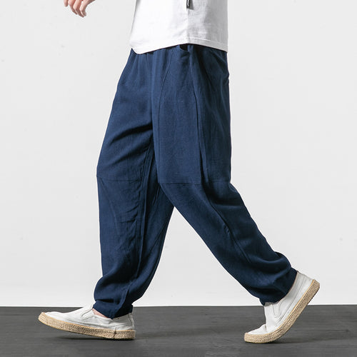Herren Weiche Leinenmix-Loungehose mit tiefem Schritt, elastischem Bund und taillierter Beinverjüngung Drune