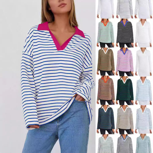 Damen gestreiftes Polo-Shirt mit V-Ausschnitt und kontrastierendem Kragen Drune