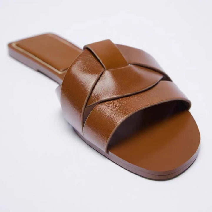 Damen Jeans-Optik Slide-Sandalen mit gekreuzten Stoffriemen und flacher Komfortsohle Drune