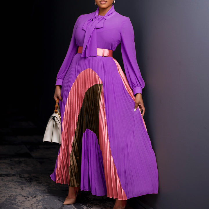 Damen Maxikleid mit elegantem Schlitz und verspieltem Krawattenkragen Drune