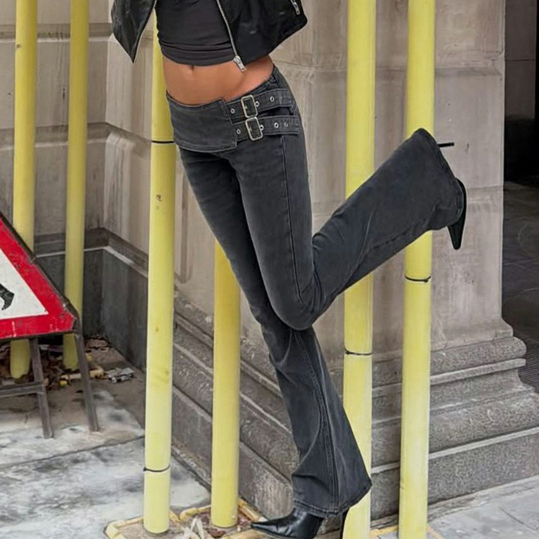Damen High-Waist Bootcut-Jeans mit asymmetrischem Bund und Doppel-Schnallenverschluss Drune