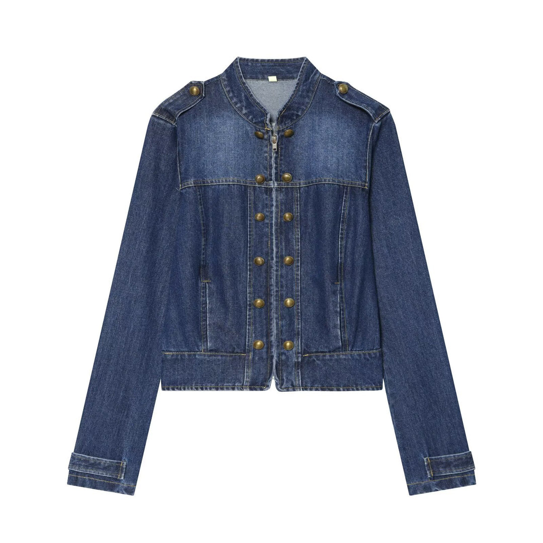 Damen Jeansjacke im Militärstil mit Stehkragen und Zierknopfleiste Drune