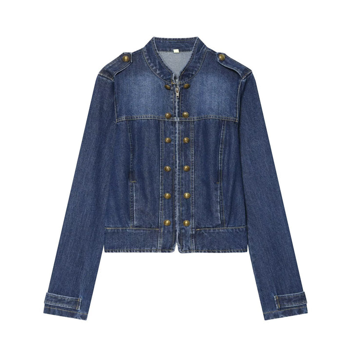 Damen Jeansjacke im Militärstil mit Stehkragen und Zierknopfleiste Drune