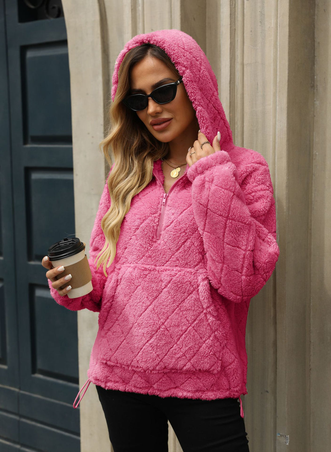 Damen Flauschiger Hoodie mit Stehkragen und Kängurutasche Drune