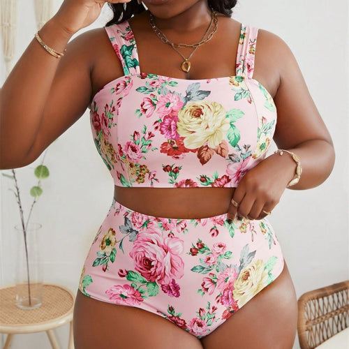 Damen Floral Bikini-Set mit hoher Taille und breite Träger Drune