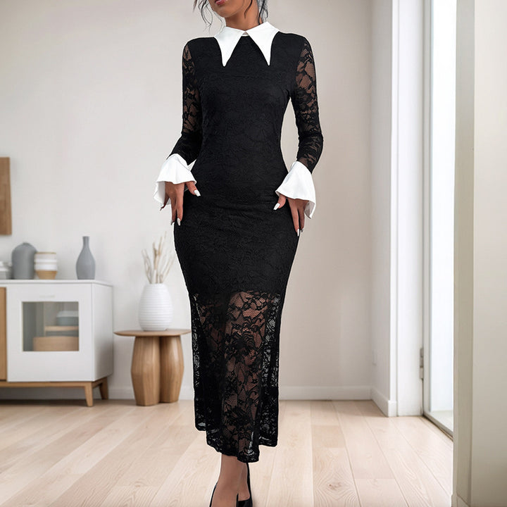 Damen Elegantes Spitzenkleid mit Kontrastkragen Drune