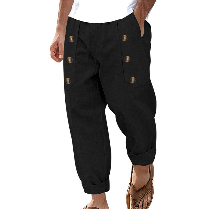 Herren Bequeme Leinenhose mit seitlichen Knöpfen und elastischem Bund Drune