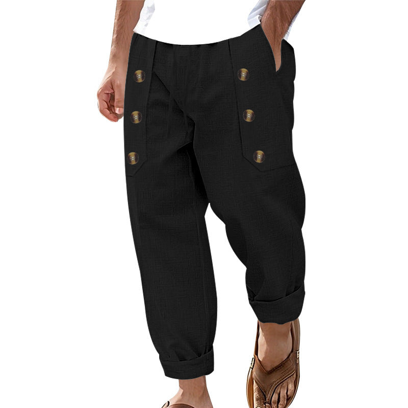 Herren Bequeme Leinenhose mit seitlichen Knöpfen und elastischem Bund Drune