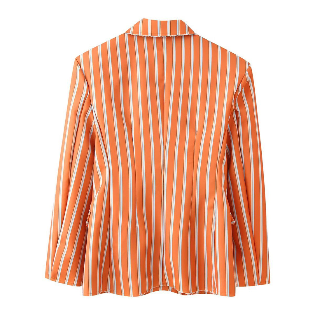 Damen Doppelreihiger Streifenblazer mit markantem Revers und Pattentaschen Drune