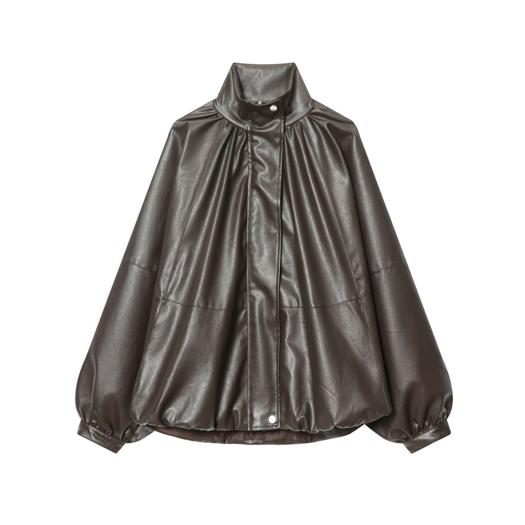 Damen nan kastiger Kunstleder-Blouson mit hohem Stehkragen, geraffter Schulterpartie und ballonärmeln Drune